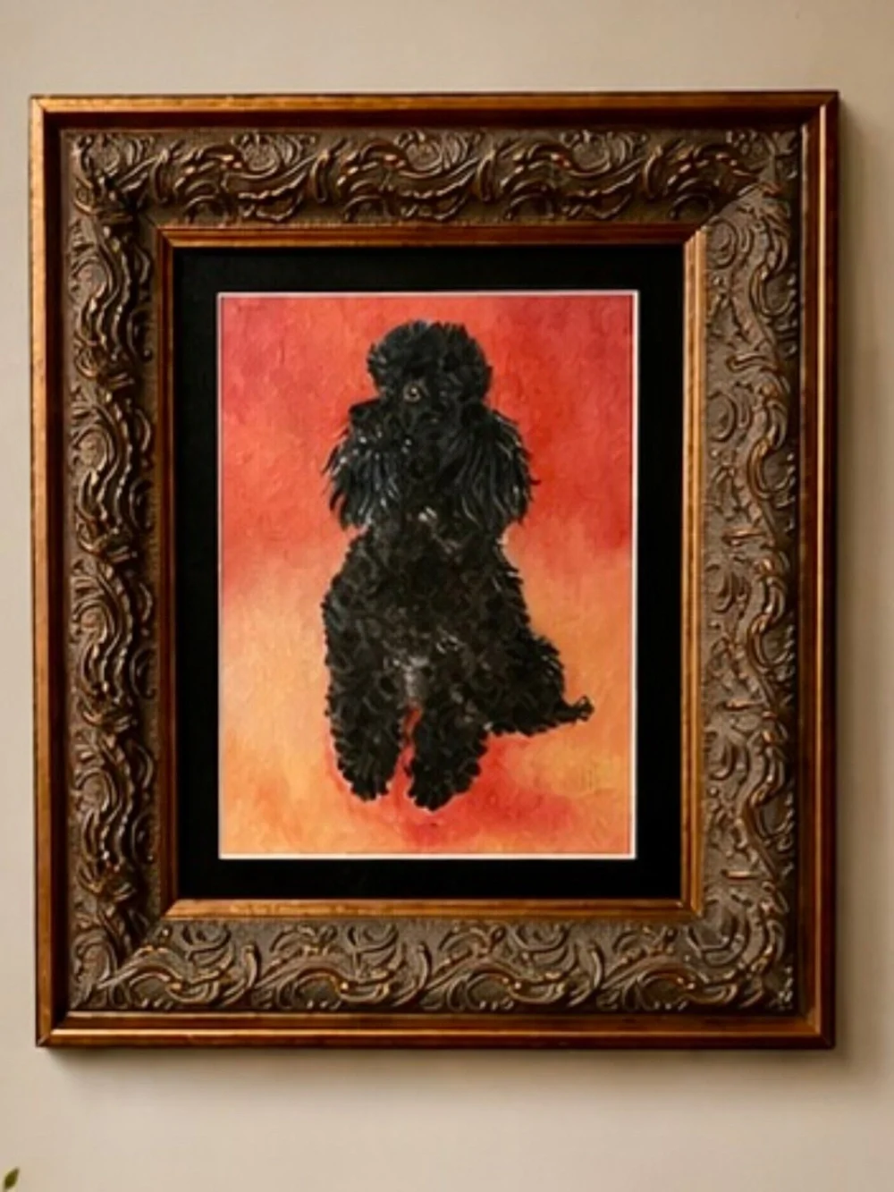 Mid-Century Modern Style Black Toy Poodle Painting on Board in Ornate Frame